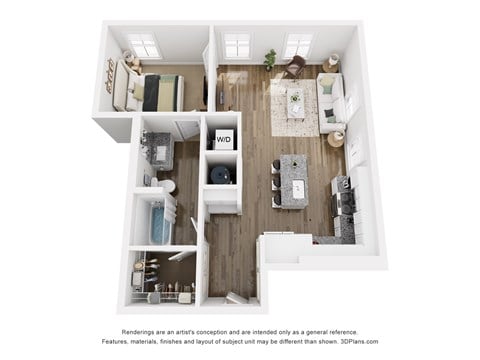 Floor plan for 1 bed, 1 bath, 731 sqft